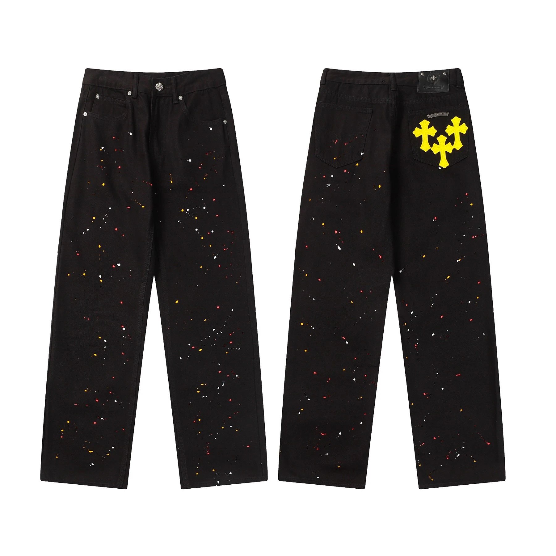 Chrome Hearts Paint Splatter Cross Patch Denim Jeans Black