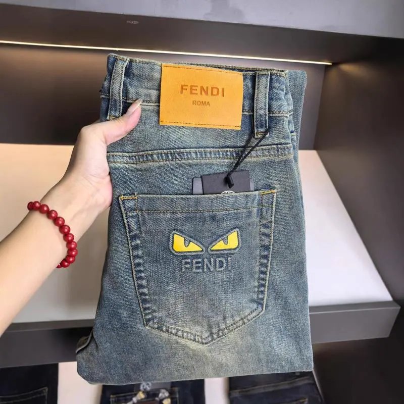 Fendi Bag Bugs Eyes Embroidered Denim Jeans Blue