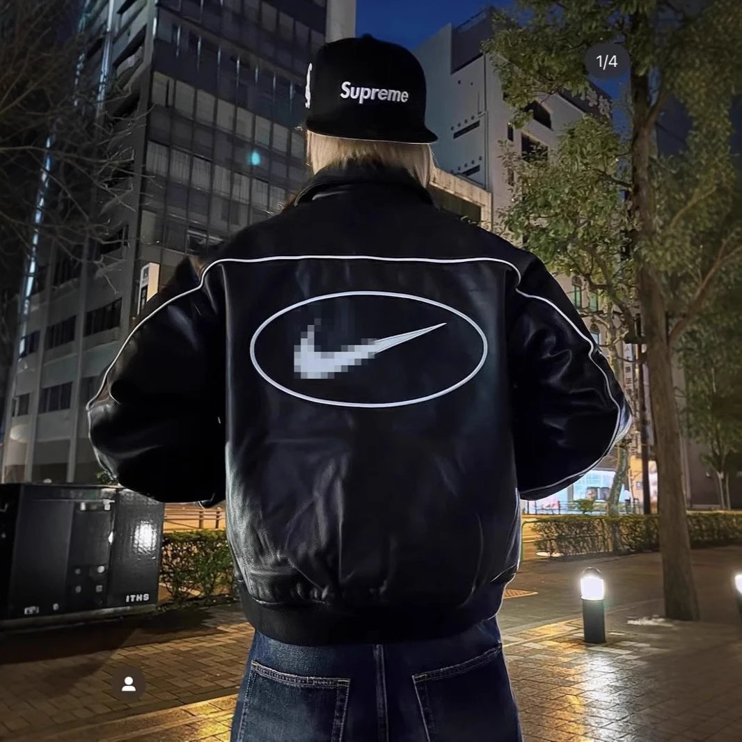 Nike Leather Varsity Jacket Streetwear Bomber Jacket Black