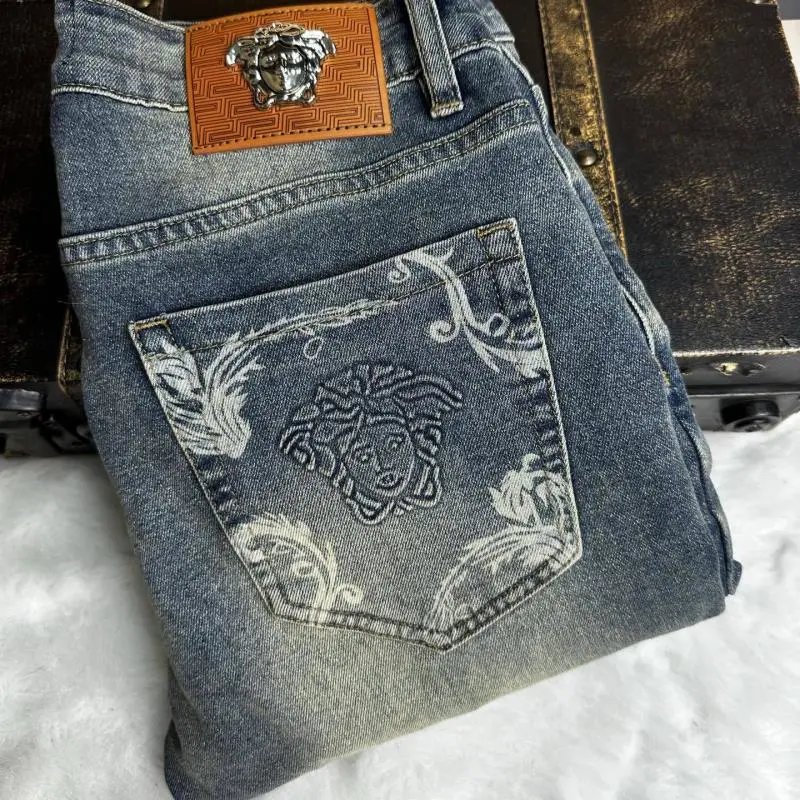 Versace Medusa Head Embroidered Slim Fit Jeans Blue