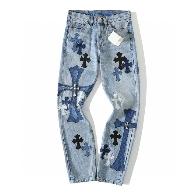 Chrome Hearts Cross Patch Denim Jeans Distressed Streetwear Pants Blue