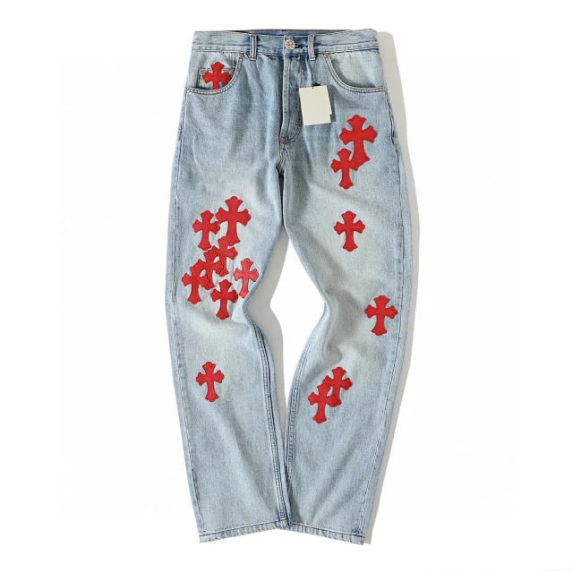 Chrome Hearts Cross Patch Denim Jeans Light Blue and Red